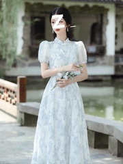 新中式国风女装改良日常少女款旗袍蓝色碎花中长款收腰连衣裙短袖