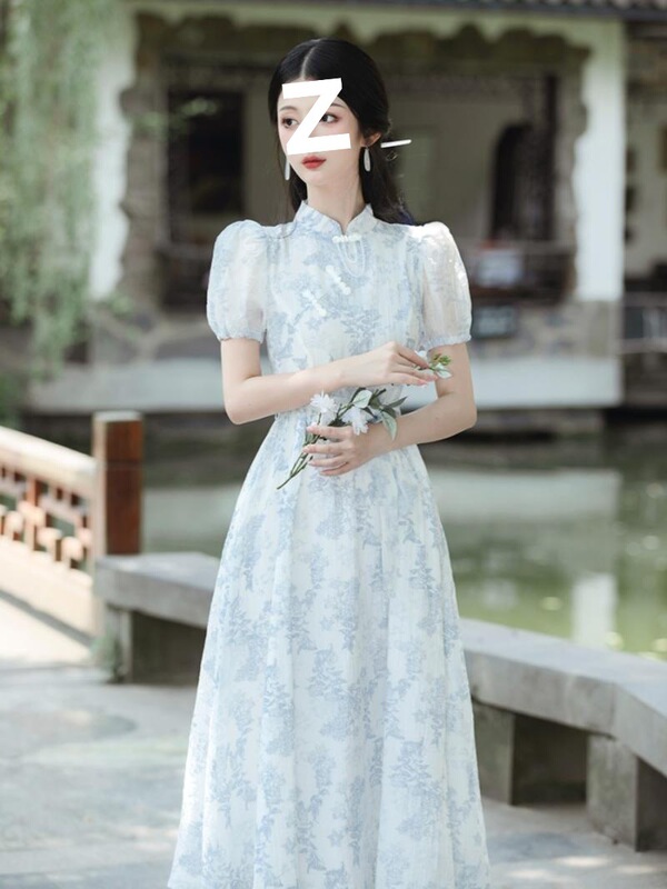 新中式国风女装改良日常少女款旗袍蓝色碎花中长款收腰连衣裙短袖|undefined