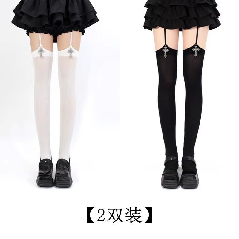 オリジナル立体クロスサスペンダーオールインワンオーバーニーソックスロリータベルベット白黒無地ガールストッキング