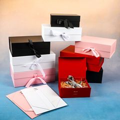 现货一片式磁吸翻盖礼盒化妆品礼物包装盒子黑色高级感丝带礼品盒