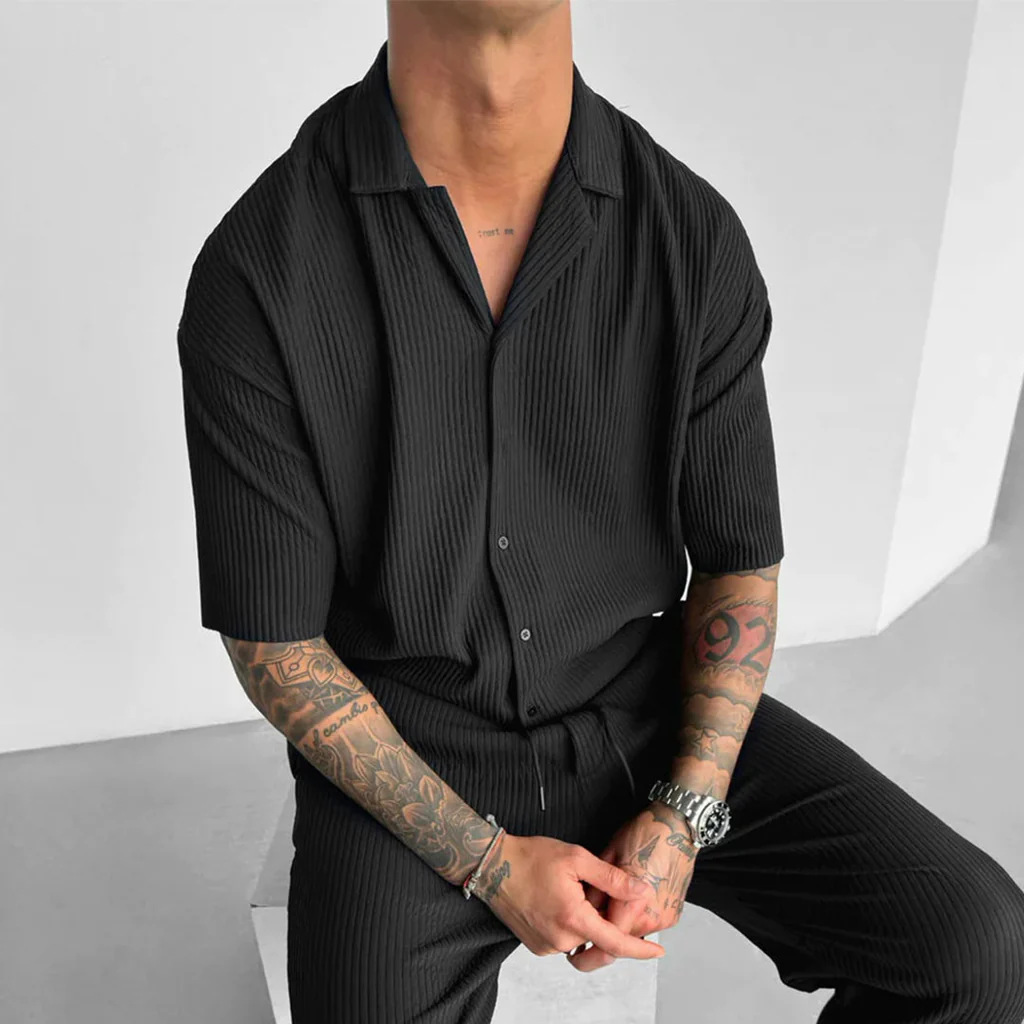 Spring Summer Cardigan Pure Color Short-Sleeved Casual Shirt For Men_viptrois.com