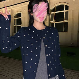 【原版版型  包芯纱】复古波点藏青色显瘦开衫长袖针织衫