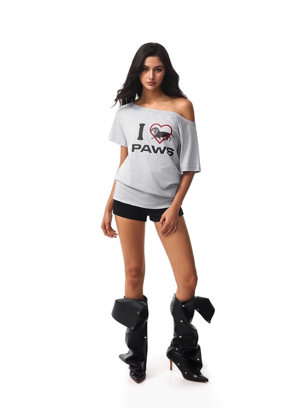 FDR公式ストア「I Love Dogs」ダックスフント アメリカン半袖Tシャツ 男女兼用 夏 カップル 斜め肩トップス|undefined