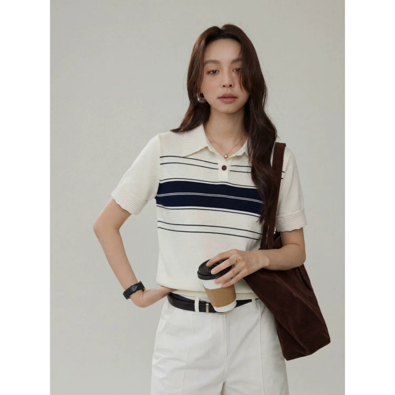 French-style college-style striped polo collar short-sleeve T-shirt for women, summer slim-fit short elegant knitted top