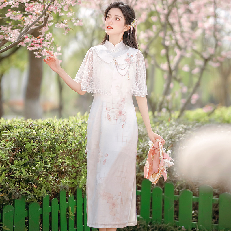 Diseño original de nuevo estilo de cara de flor de melocotón estilo chino retro diario elemento Han mejorado conjunto de cheongsam 8631