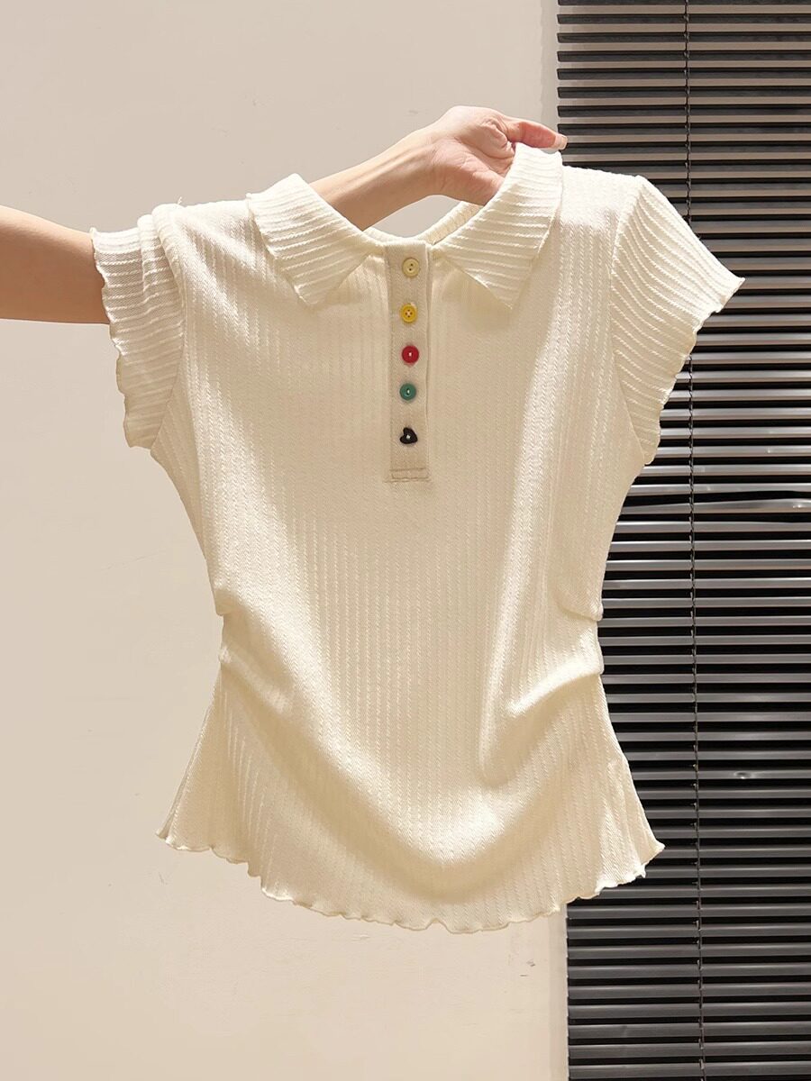 Áo thun polo nữ tay ngắn cổ bẻ cúc màu, kiểu thắt eo xếp nếp viền bèo mùa hè — màu mơ chi tiết 1