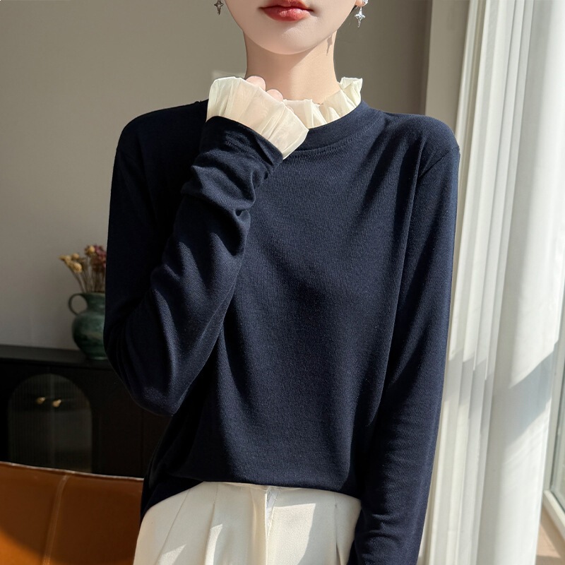2026 Spring and Summer New Style Tencel Wool Organza Half-Turtleneck Knitwear Long-Sleeved Women's Color-Blocked Pullover Bottoming Shirt