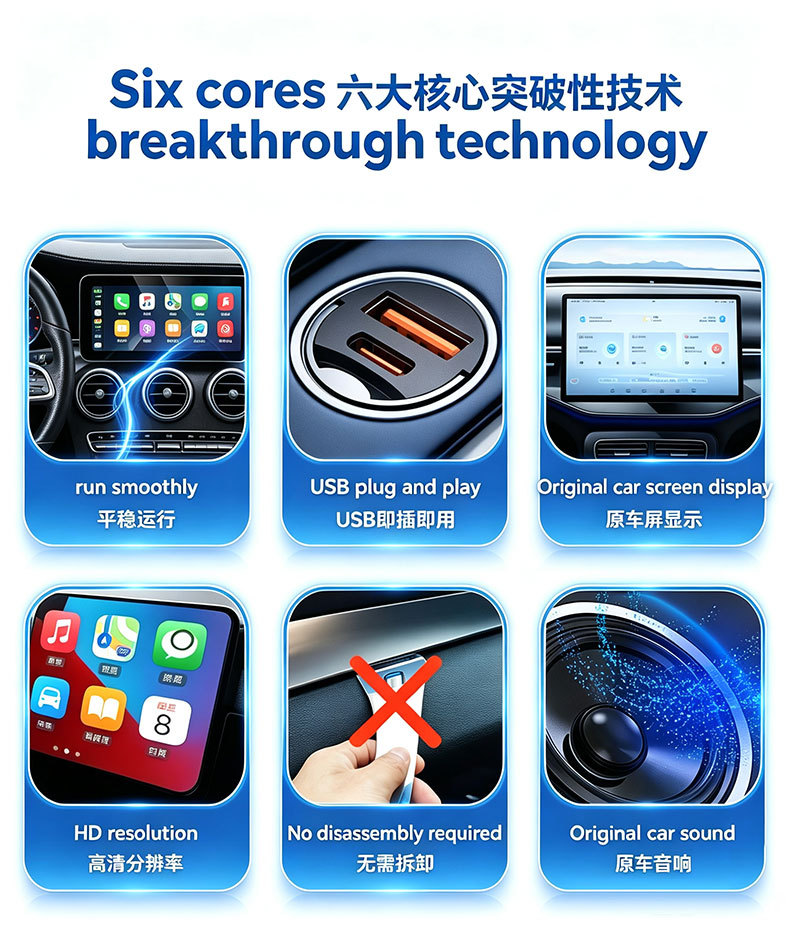 Cross-Border Hot-Selling Product: Original Car Wired-To-Wireless Carplay Box, T-Type Horizontal Plug-In Dual-Channel Android Auto