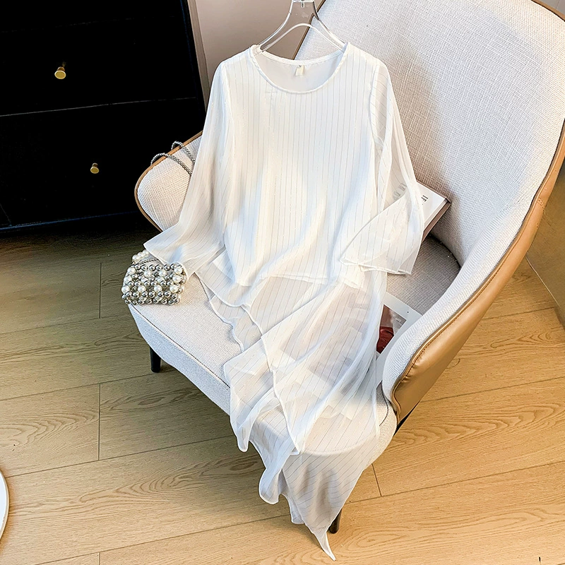 Фактический снимок новой рубашки в китайском стиле в древнем стиле династии Хань с круглым вырезом и асимметричным подолом в китайском стиле с рукавами средней длины, улучшенный топ в вертикальную полоску