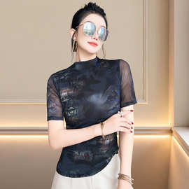 工厂2026年新款T恤女高弹网纱双层打底衫女装中袖春夏夏时尚上衣