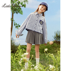 女童寬鬆版型藍白條紋襯衫2024春秋新款美式貼標設計女孩休閒上衣