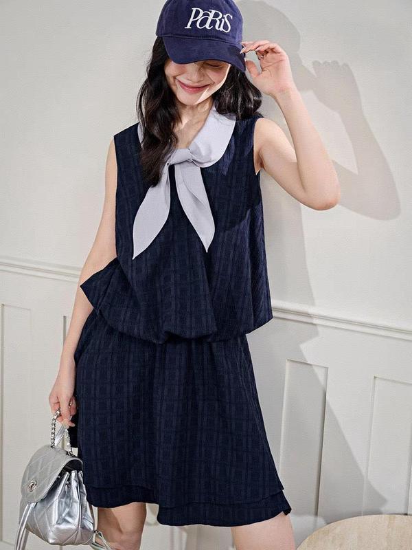 阔系藏蓝色无袖背心裙绑带连衣裙2025夏季小众设计感新款女短裙子|undefined
