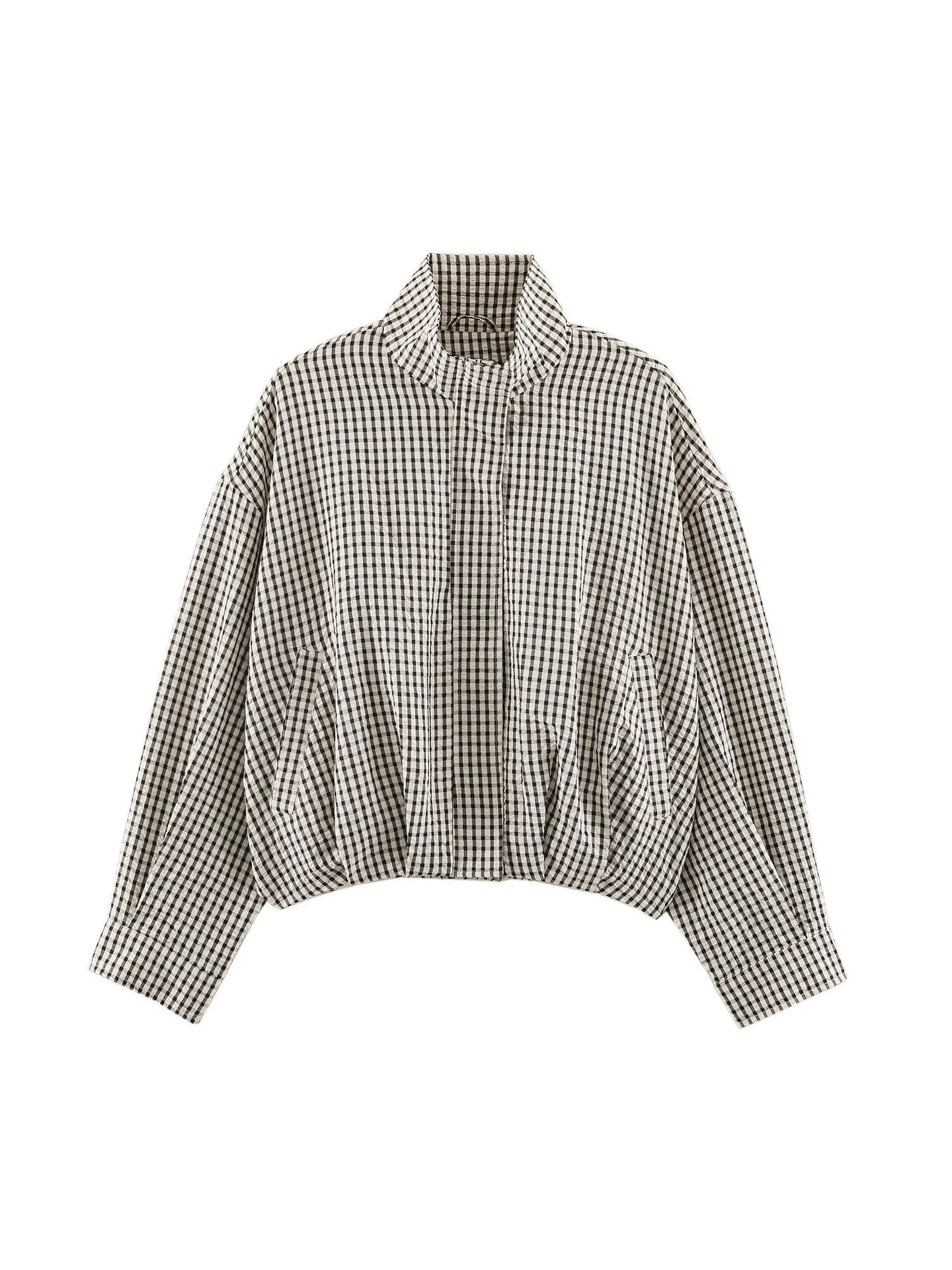 PB&ZA new women's high-end foreign trade stand-up collar long-sleeve plaid aviator jacket 3046211