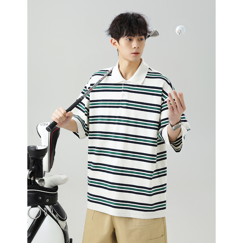 Japanese retro texture contrasting striped Polo shirt for men and women summer lapel short-sleeved T-shirt casual couple half-sleeved