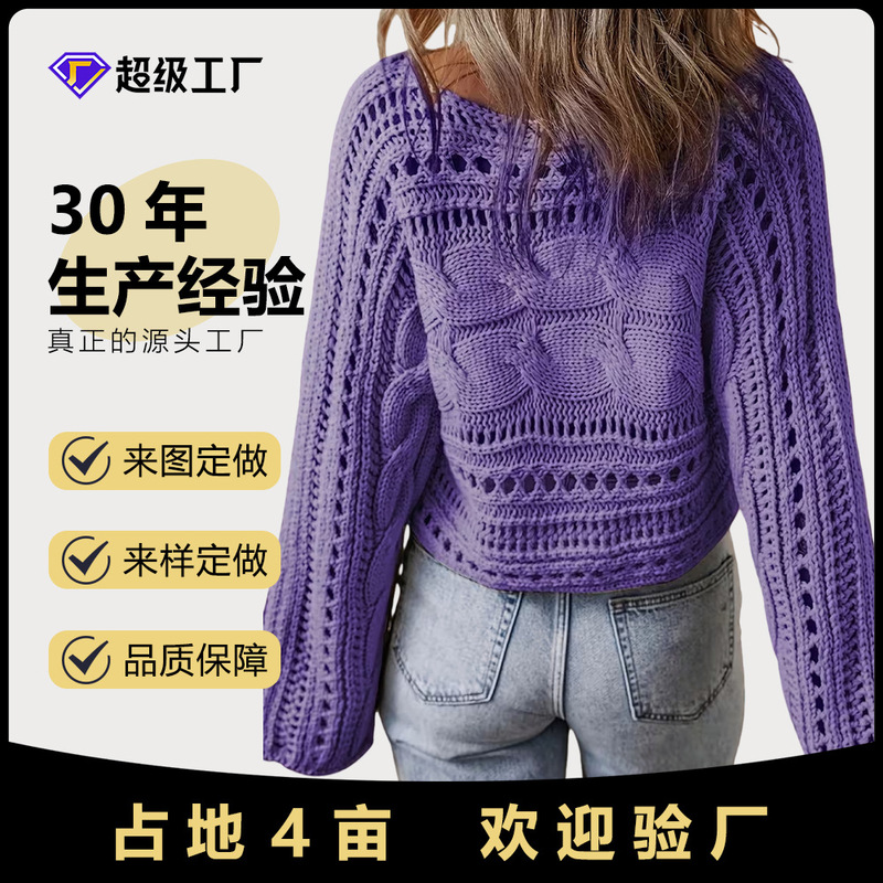 2026 Women's Sweater High-End Spring and Autumn Crochet Cover-Up Hollow Out Shirt Women's Long Sleeve Round Neck Short Top
