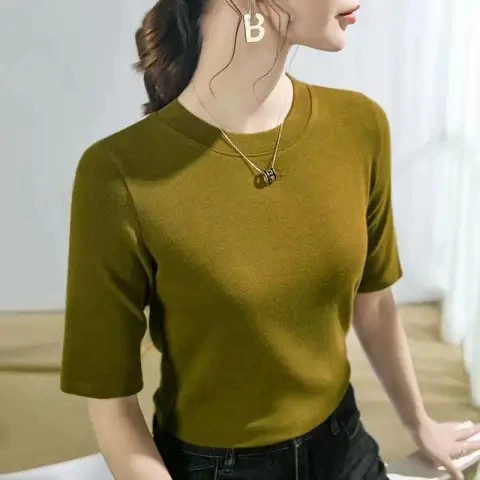 Летняя корейская новая футболка с половинным рукавом женская пятипроцентный рукав сплошной цвет