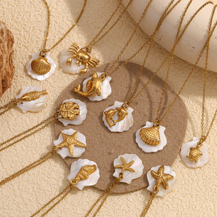 European and American Fashion Niche Design Popular Shell Necklace Stainless Steel Plated 18K Gold Starfish Ocean Style Pendant Necklace