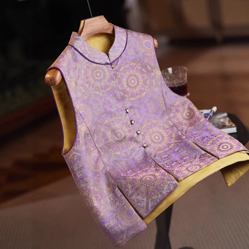 Double-Sided Reversible New Chinese Style Stand Collar Song Brocade Jacquard Button Vest Waistcoat Elegant Retro Top