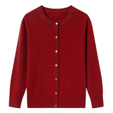 秋季新款开衫红色圆领上衣100%羊毛针织衫宽松妈妈羊毛衫春秋毛衣，女装针织衫/毛衣，妃慕昵服饰