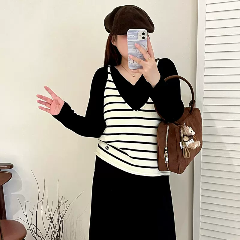 大码女装外搭v领小衫女吊带背心2025秋款胖mm百搭宽松针织衫23578