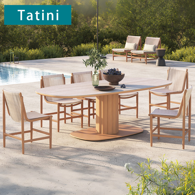 Ocio al aire libre mesa y silla de caña combinación patio villa balcón jardín impermeable solar restaurante al aire libre muebles de teca
