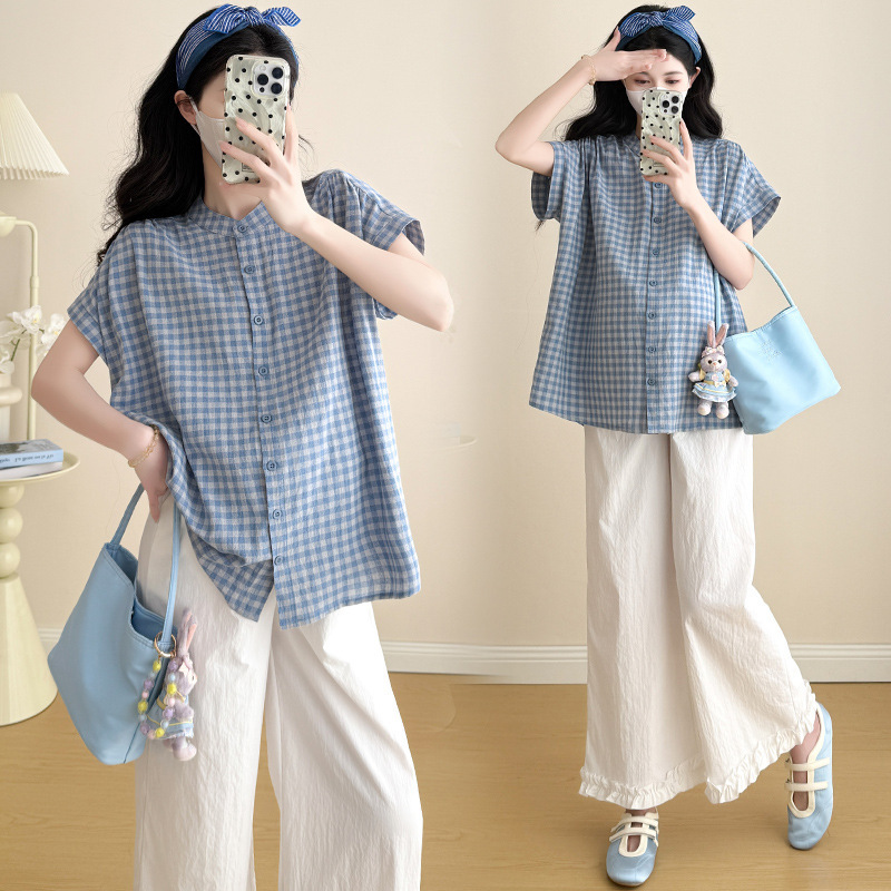 2025 New Summer Style Maternity Large Size Plaid Shirt Retro Casual Loose Top for Pregnant Mothers