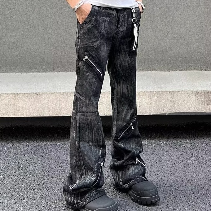Men's Retro Distressed Flared Jeans High Street Style Loose Fit Zipper Design Cool And Edgy Long Pants_mkmklike.com