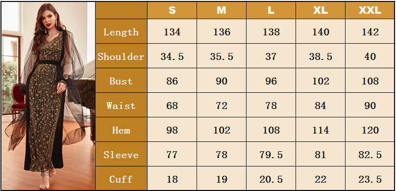 High elastic gold jacquard knitted mesh sleeves design dress long skirt party dress_autovado.com