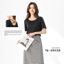 超凡服饰桑蚕丝亚麻T恤女宽松后领交叉设计显瘦短袖大领口白色T