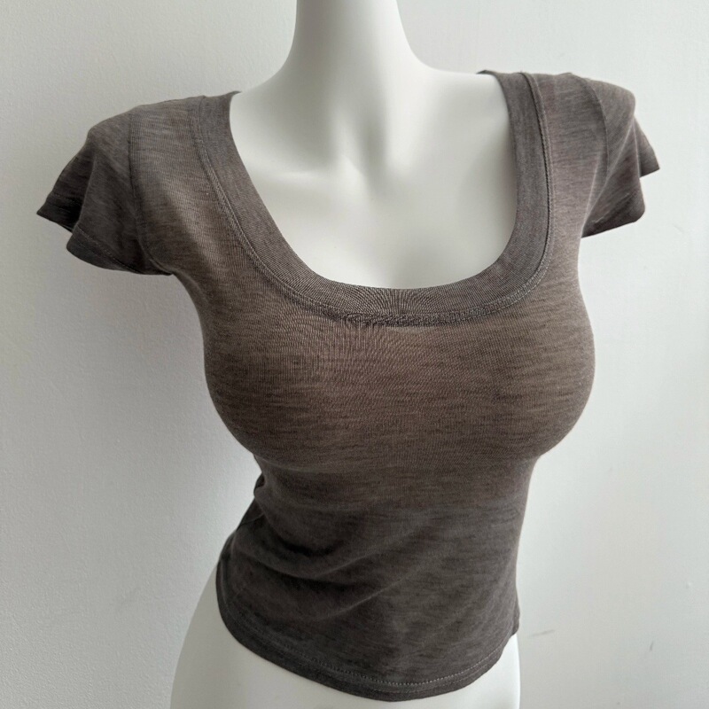 Ju Pure Desire! Very High-End Gray Sexy High-Transparency Large U-Neck Tight T-Shirt Basic Right Shoulder Short-Sleeved Top for Women