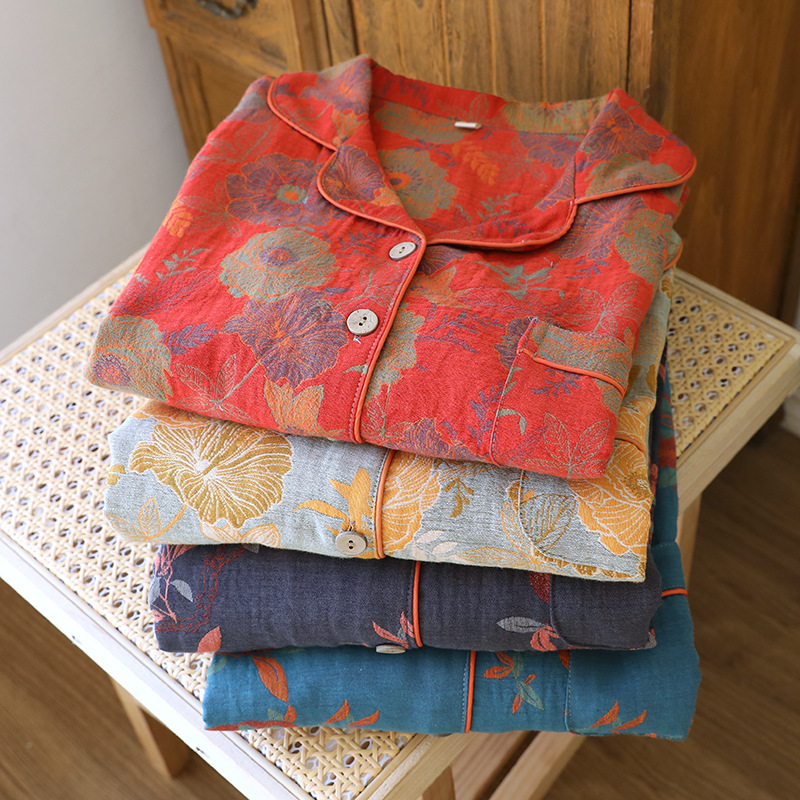 여성용 긴팔 잠옷 봄, 가을, 여름 긴팔 2025 새로운 원사 염색 면 캐주얼 홈웨어 세트 공장 직접 공급