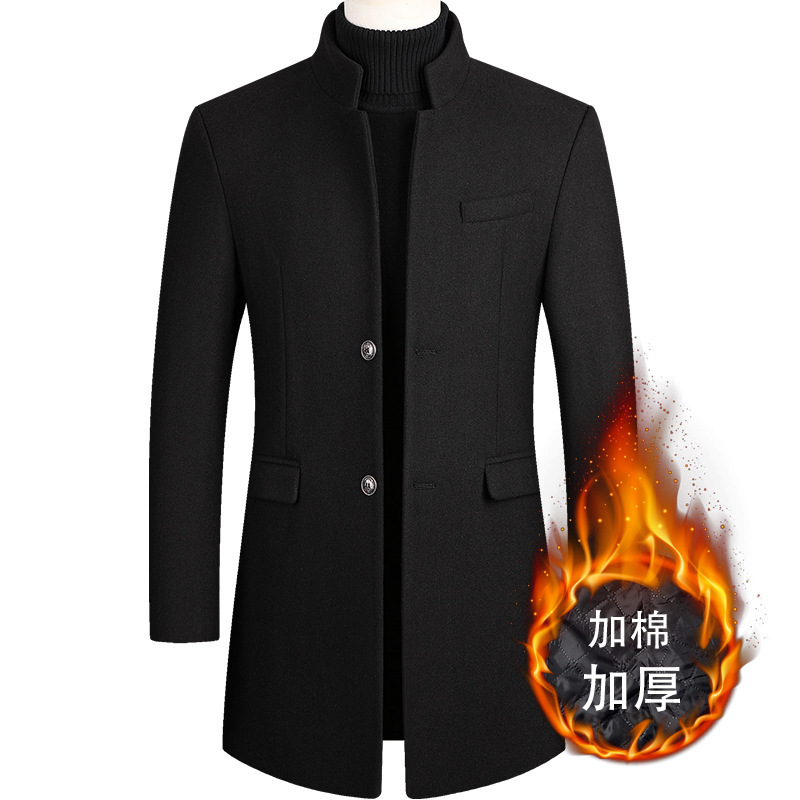 2025 Autumn and Winter Men's Wool Coat Mid-Length Trench Coat with Cotton Padding Thickened Men's Wool Trench Coat
