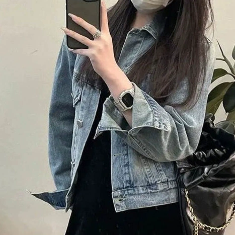 Retro denim autumn design short jacket, 2025 years, oversize