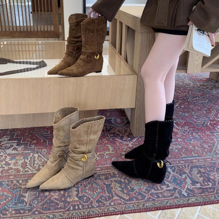 牛皮版古着博主感！气质绒面尖头金属扣堆堆靴女秋冬编织两穿短靴|undefined