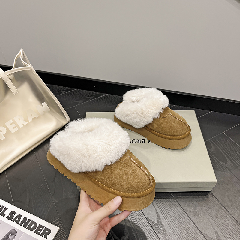 Genuine Leather And Furry Slippers For Women's Outer Wear Baotou Thick-soled Snow Boots Non-slip Flat-soled Half-slip Cotton Shoes