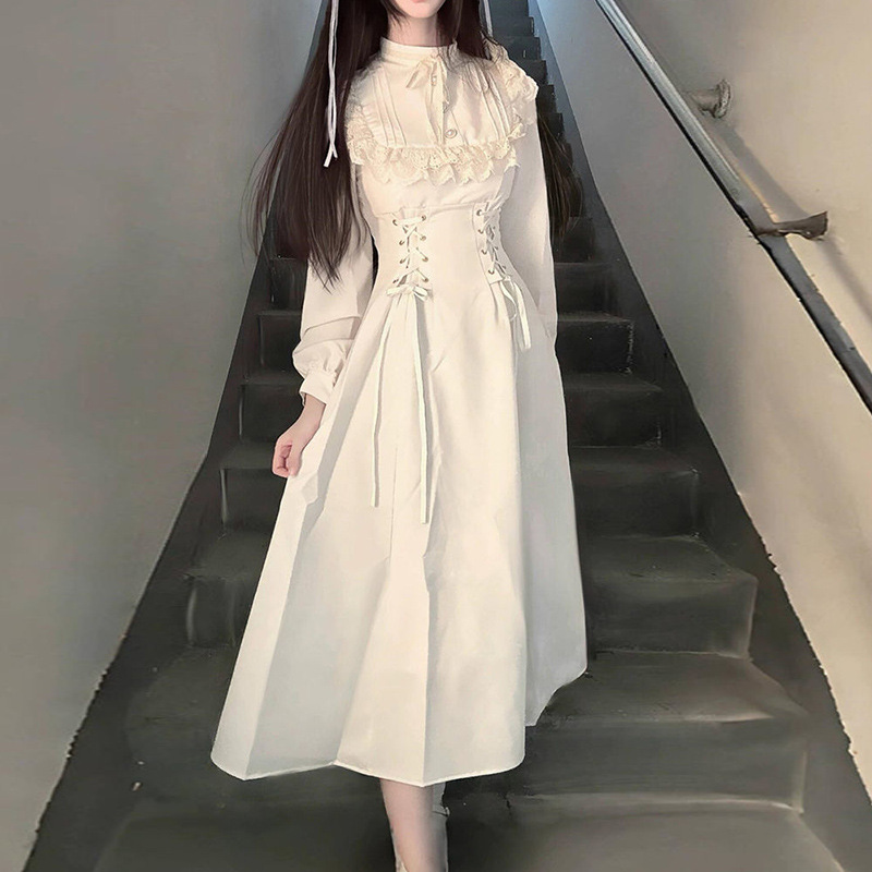 日本の甘い女の子のストラップ付きレース長袖ドレス女性の春と秋のハイエンドウエスト妖精ロングスカートトレンディ|undefined
