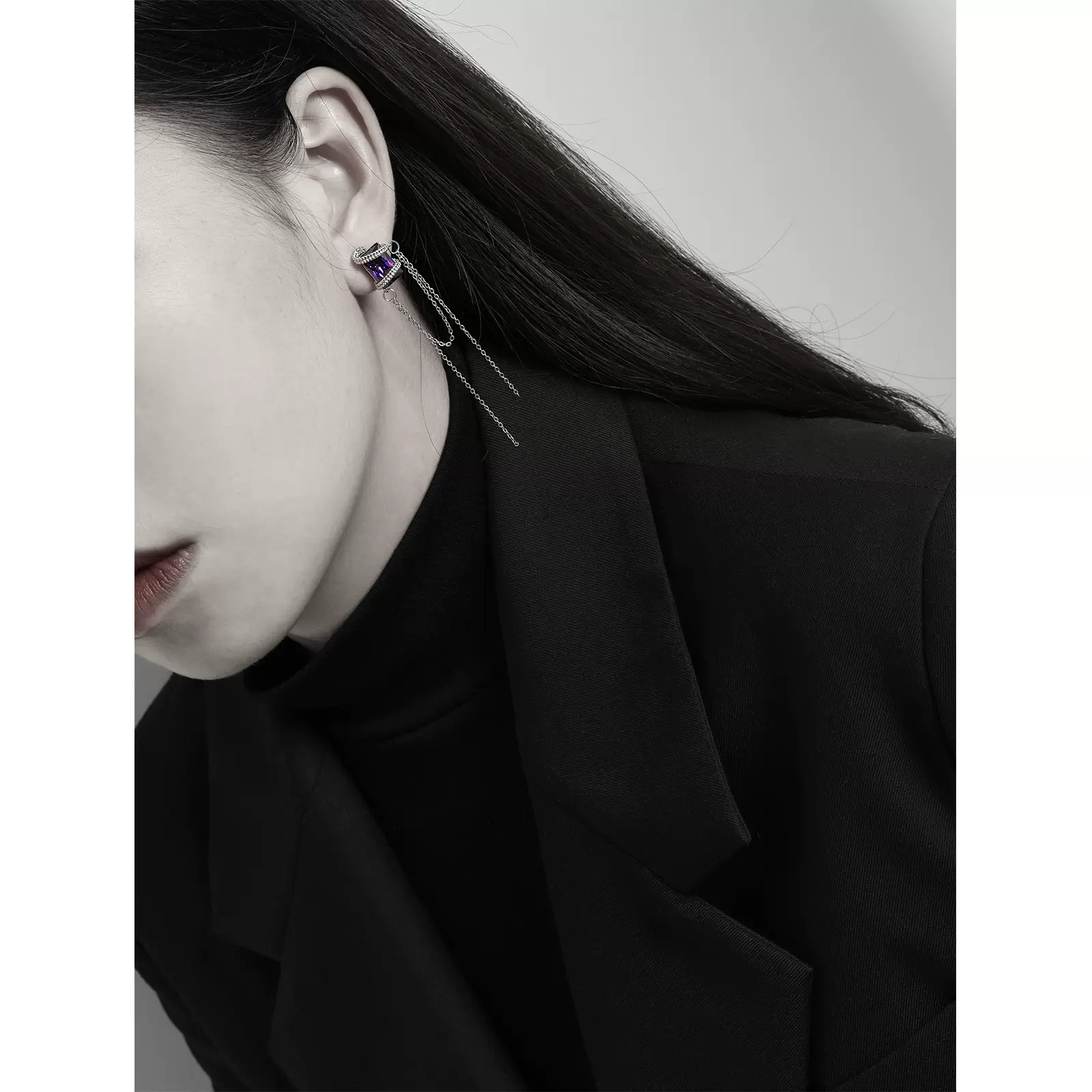 ELT049梦幻紫色方形锆石流苏银针耳环中长款高级设计感甜酷辣妹饰