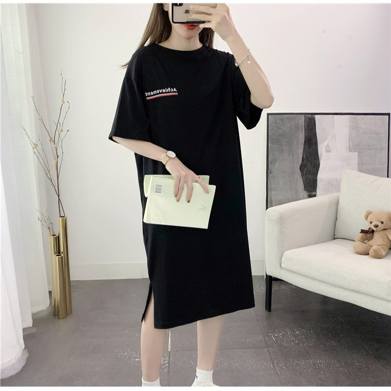 ピュアコットン 2025 新しい夏の女性用半袖ドレス、ゆったりとした大きいサイズのアウターウェア、レイジー T シャツ、スカート、膝上丈|undefined