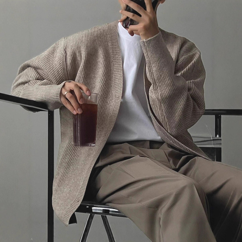 European Core-Spun Yarn Knitted Cardigan Men's Large V-Neck Slim Sweatshirt Jacket Textured Single-Breasted Jacket Cardigan