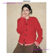 “普罗旺斯甜莓”微胖mm设计感撞色假两件开衫大码毛衣