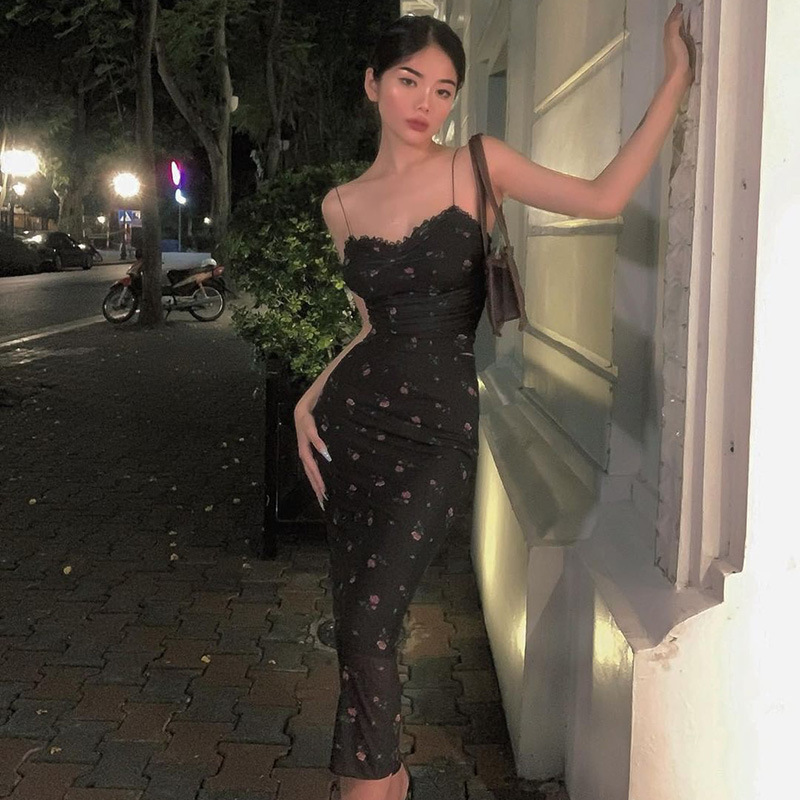 YJ23300 European And American Pure Desire Sexy Korean Style Mesh Print Backless Tight Strap Bodycon Long Dress For Women_ecoleips.com