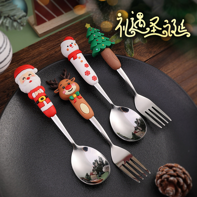 新しいクリスマス人形スプーンとフォークかわいい楽しいサンタクロースクリスマスツリーゴールデンクリスマスフォークとスプーン食器セット|undefined