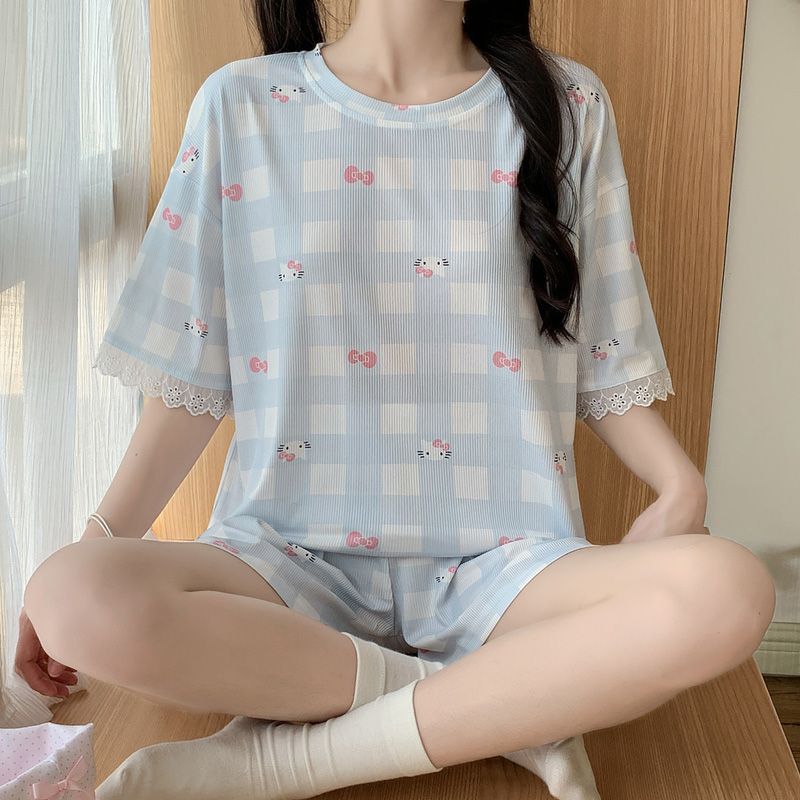 Venta al por mayor transfronteriza de seda de hielo hilo cuello redondo pantalones cortos de manga corta encaje estilo de explosión moda de verano pijamas de manga corta ropa de hogar para mujer