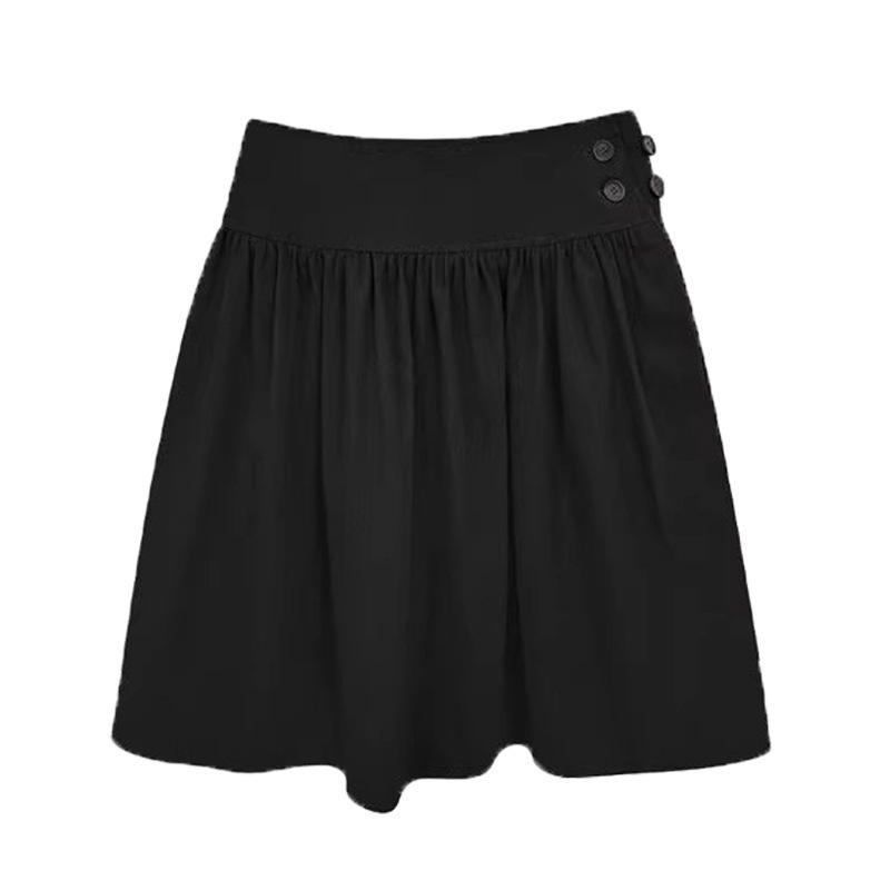 Summer New Cross-Border Korean Style College-Style Black Side-Button Design High-Waisted Pleated Skirt Women's Clothing Wholesale