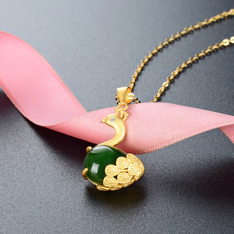 Oro antiguo 925 plata esterlina Pavo Real hetian Jasper collar estilo étnico de las mujeres vintage piedras preciosas colgante Jade clavícula cadena