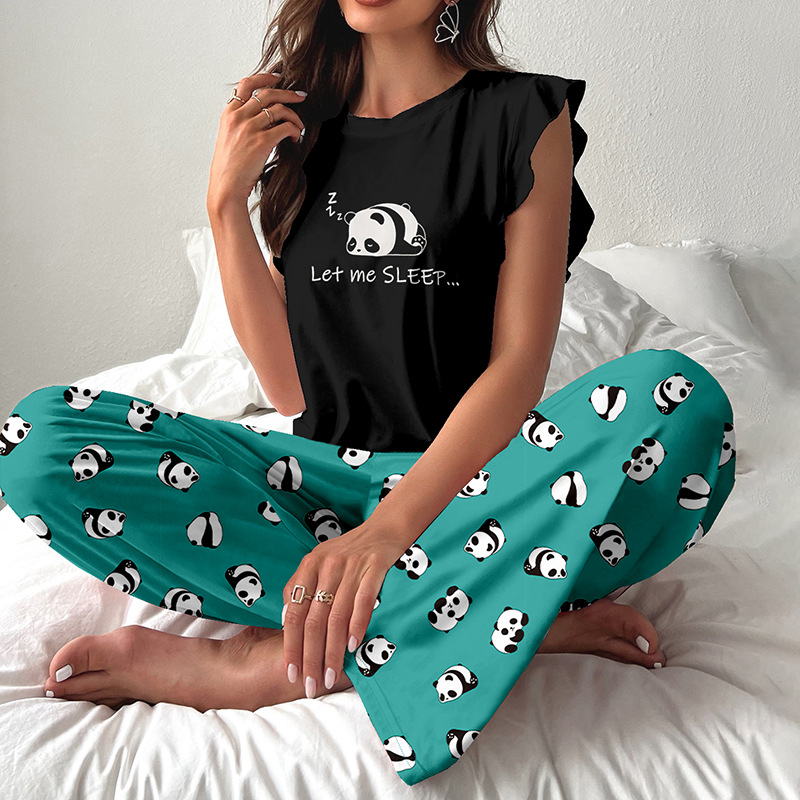 Women's Milk Silk Flutter Sleeve T-Shirt And Trousers Set European American Style Cross Border Pajamas Loungewear for Summer_voghion.com