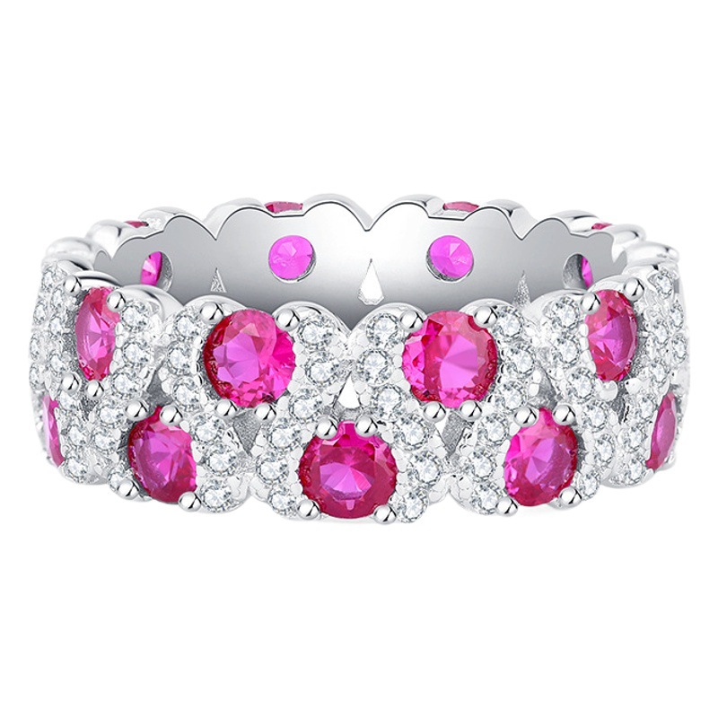 Zhuang Sheng joyería S925 todo el cuerpo de plata TikTok Venta caliente simulación tesoro rojo hecho a mano diamante incrustado anillo de fila anillo cerrado