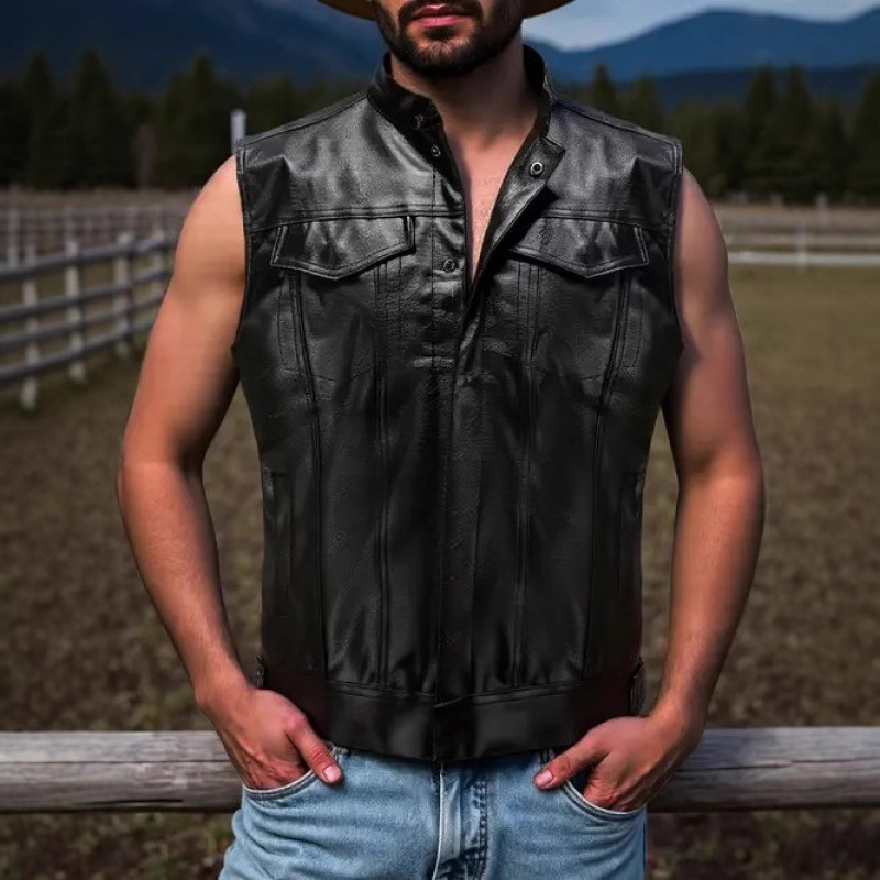 Cross-Border European and American Men's Pu Leather Vest Casual Motorcycle Button Vest Amazon Motorcycle Faux Leather Jacket