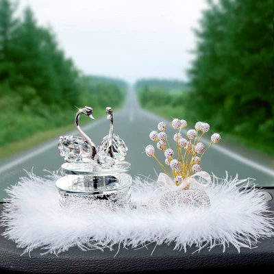 Car ornaments, Aromatherapy Cute Car Interior Decoration - solar-rotating-white-swan-white-diamond-gypsophila-feather-cushion