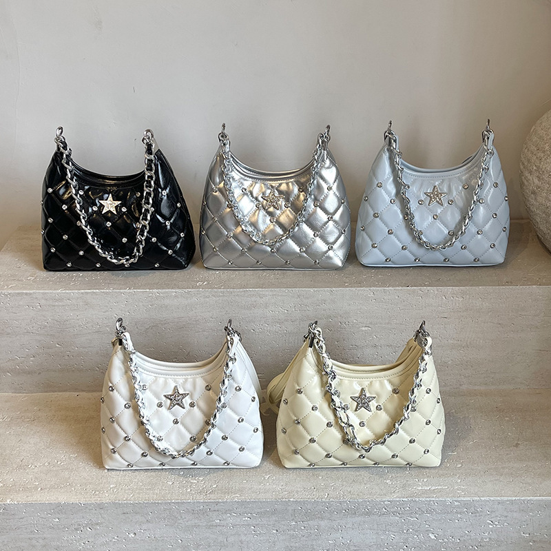 2025 New Versatile Rivet Underarm Bag Rhombus Chain Women's Shoulder Bag High-End Summer Handbag for Women